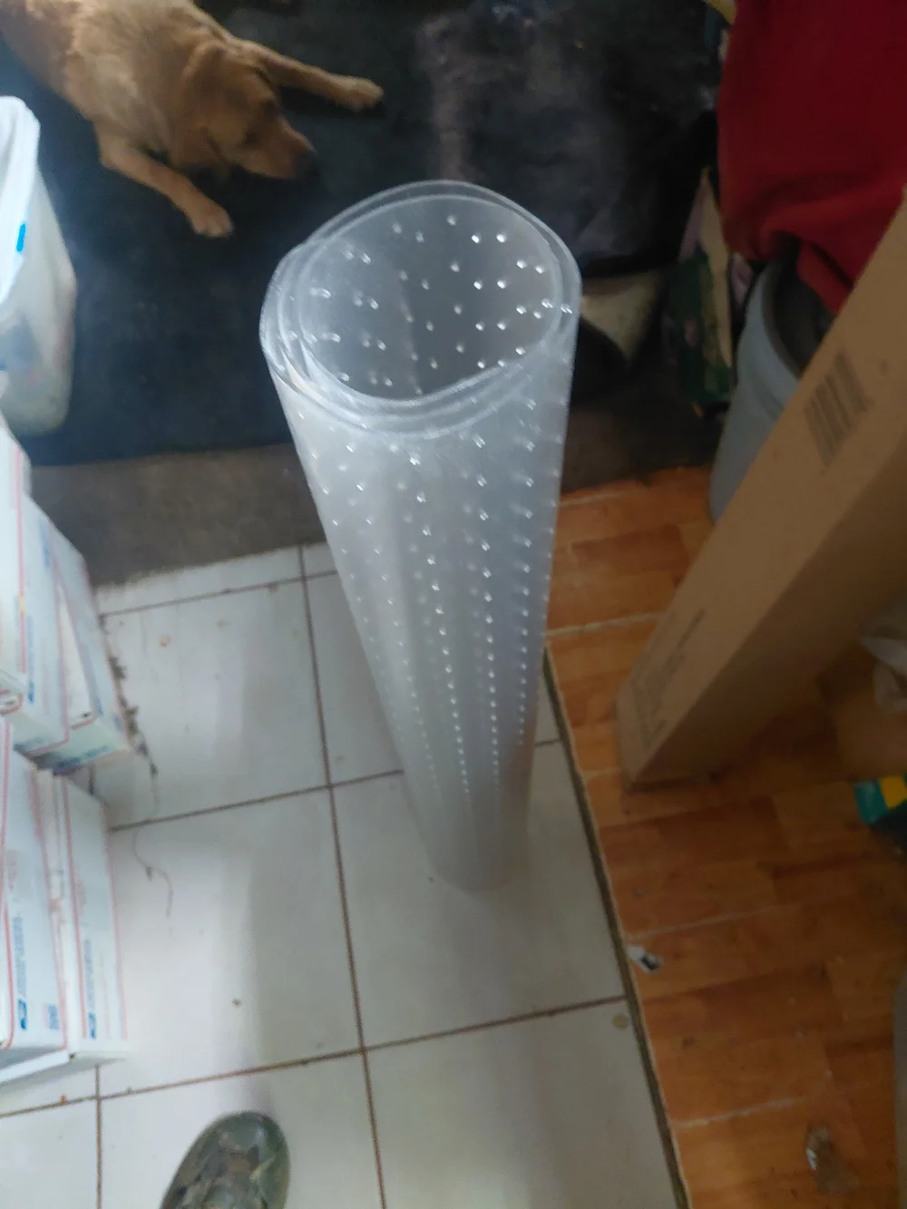 clear vinyl carpet protector with studs on the underside to prevent slipping on